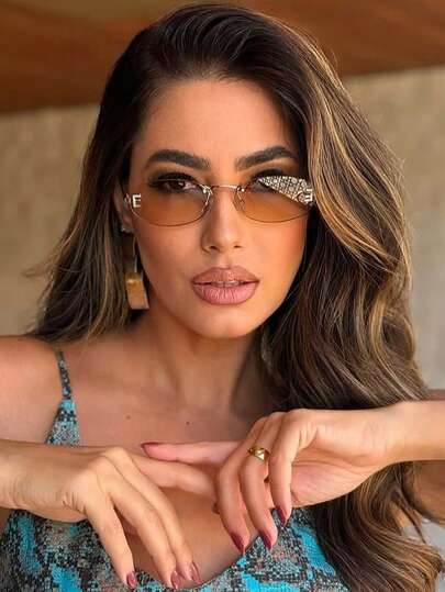 1pc Frameless Oval Retro Personalized Fashion Glasses, Small Frame Y2K Versatile Women's Glasses, Suitable For Travel, Holidays, Daily Wear, Beach Accessories