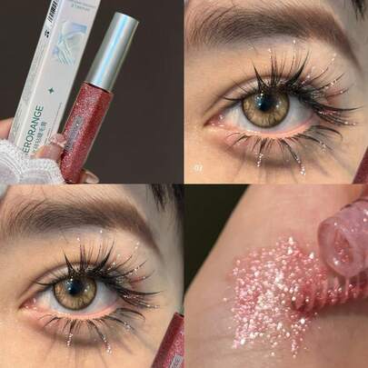 Máscara de pestañas con rhinestones brillantes HERORANGE, cepillo en espiral, aplicación rápida, de larga duración, secado rápido, a prueba de manchas, resistente al agua, resistente al sudor, a prueba de descamación, brillante, natural, disponible en morado, plateado, rojo, azul, adecuado para principiantes, conveniente para llevar, maquillaje de escenario, regalo del Día de San Valentín, regalo de cumpleaños