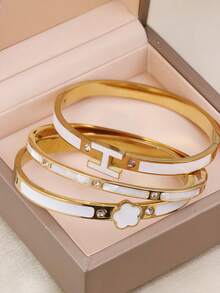 3pcs/Set Luxury Gold Bracelet Set For Women - Clover & Letter H Design Stackable Bangle, White Enamel & Cubic Zirconia, Stainless Steel Jewelry - Suitable For Party, Wedding & Daily Wear - Great Gift For Girlfriend, Wife Or Mother - Yellow Gold - View 3