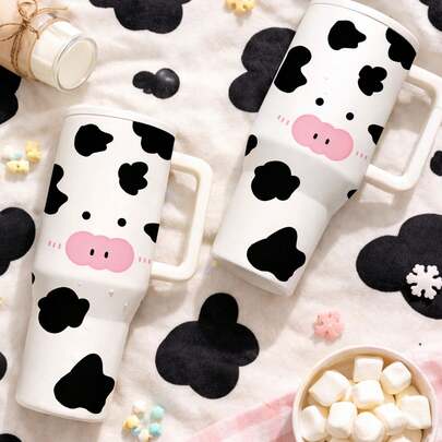 1pc Cute Cow Print Insulated Tumbler With Handle. Vacuum Stainless Steel Cup Keeps Cold 24H/Hot 12H. Leakproof Travel Mug For School, Office, Car. Kawaii Animal Gift For Girls, Teens, Cow Lovers. Daily Water Bottle.