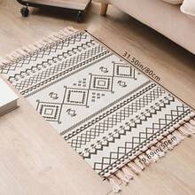 1pc Handmade Woven Tasseled Rug, Vintage Geometric Pattern Linen Bedroom/Living Room Decor Carpet, Bohemian Retro Geometric Lime Washable Linen Rug - Multicolor - View 18