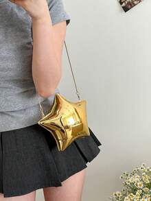 Mini Fashionable Evening Bag, Metallic Color Molded Asymmetric Star Shaped Shoulder Crossbody Bag, Party Clutch, Phone Pouch, Lipstick Case, Inflatable Balloon Box, Star Shaped Accessory Bag - Gold - View 7