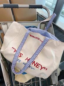 两件套双面“YES HONEY”帆布手提袋及条纹收纳袋，双面大容量沙滩包，配有同款化妆包，非常适合收纳沙滩巾、防晒霜、化妆品、手机、钱包及日常必需品，是海滩旅行、夏季度假、野餐、购物、旅游及送礼的理想之选。多功能用途，可用作沙滩包、可重复使用的手提袋、化妆品收纳包及夏季主题礼品，时尚实用，方便携带。 - 彩色 - 查看 8