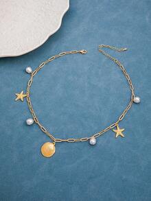1pc Fashionable & Cute Starfish, Pearl & Shell Pendant Necklace, Versatile Accessory To Match Outfits - Gold - View 5
