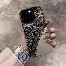 Fashionable Luxury Black Lace Print Partial Screen Phone Case Compatible With 17/16/15 Pro Max, Also Fits 14/13/12/11 Models And XS/XR, With Anti-Pollution Feature - Multicolor - View 3