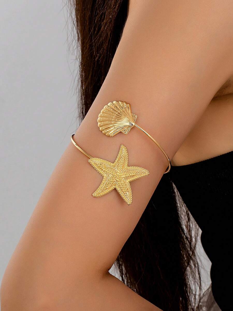 1 chiếc vòng tay kiểu dáng tối giản, sáng tạo, thiết kế hình sao biển và vỏ sò rỗng màu vàng, thích hợp cho mùa hè, đi biển, dự tiệc, đám cưới, lễ hội âm nhạc, tháng Ramadan, ngày Quốc khánh, lễ tốt nghiệp như một phụ kiện thời trang sành điệu. - Vàng - Xem 1