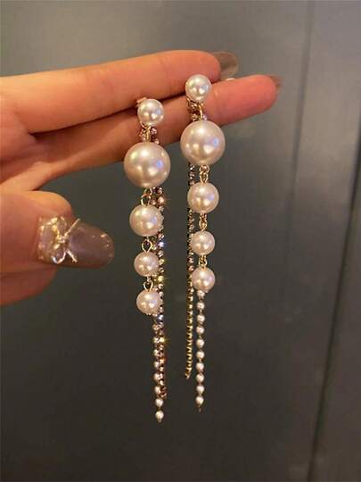 1 Pair Bridal Rhinestone Pearl Tassel Long Dangle Earrings - Elegant Fashion Wedding Jewelry, Perfect Match For Romantic Wedding Dress, Enhancing Bride's Charm And Elegance