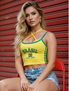 Cropped Top Brazil Women's – Virginia Inspiration | Premium Ribbed Knit | One Size Fits 36 To 42 - Vàng và Xanh lá - Xem 2