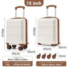 15-Inch Cabin Suitcase (40x30x20 Cm) Under-Seat Luggage, ABS/PC Hard Shell Trolley With 4 Removable 360° Swivel Wheels And 3-Digit Lock, Lightweight Small Travel Trolley For Christmas Holidays, New Year's Holidays, Solo Travel, Weekend City Breaks, Business Trips, Unisex For Women And Men - 米色 + 棕色 - 查看 3