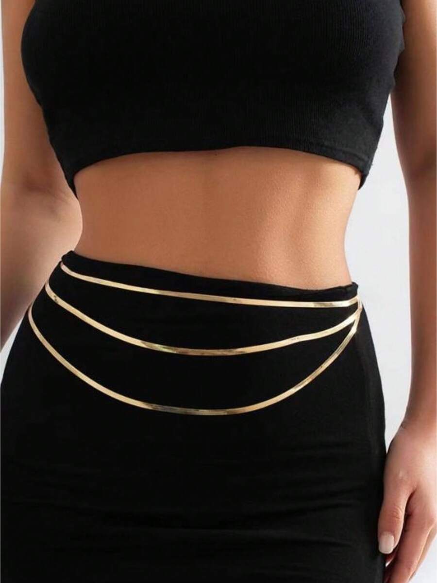 1pc European And American Sexy Minimalist Three-Layer Metal Snake Bone Waist Chain - Gold - View 1