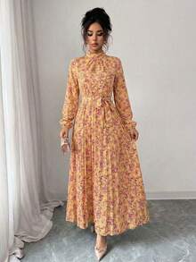 Spring Fall Floral Print Stand Collar Dress Women's Long Sleeve Zipper Front Self-Tie Waist Pleated Midi Dress - 黃色 - 查看 5
