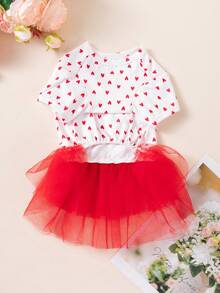 Dog Puppy Heart Print Short Sleeve Dress With Bow, Tulle Skirt, Daily Wear Pet Clothes, Anti-Shedding - Red - View 3