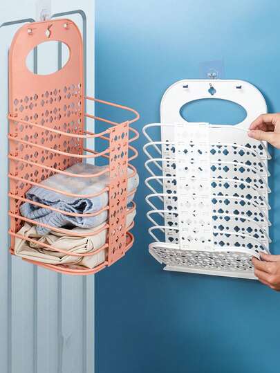 Foldable Wall-Mounted Laundry Basket, Hollow-Out Design, Suitable For Laundry Room, With Handle, Bathroom Decor, Collapsible Laundry Basket, Home Organization, Easy To Carry