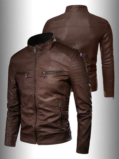 男士 PU 皮夹克，经典复古立领纯色风衣，户外运动保暖外套，带拉链口袋，秋季，羊毛