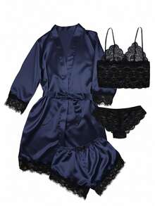 Women's Sexy Satin Lace Lingerie Set – Wine Red Nightwear With Robe , Bralette, Shorts & Panty For Romantic Atmosphere - 水鴨藍 - 查看 7