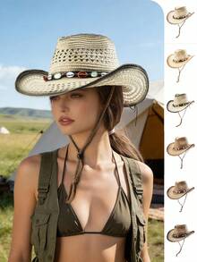 1 pieza Sombrero de sol de paja hueco marrón, gorra de vaquero unisex, adecuado para ocio al aire libre, playa, vacaciones - Sombrero de paja de vaquero occidental - Ver 14