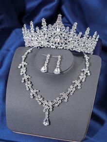 四件套皇冠头饰套装，优雅奢华的镶钻女王皇冠项链耳环新娘婚礼配饰 - 銀色 - 查看 1