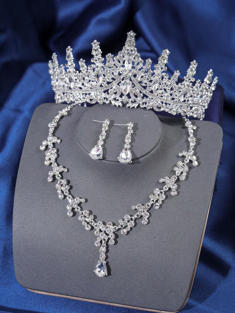四件套皇冠头饰套装，优雅奢华的镶钻女王皇冠项链耳环新娘婚礼配饰 - 銀色 - 查看 1
