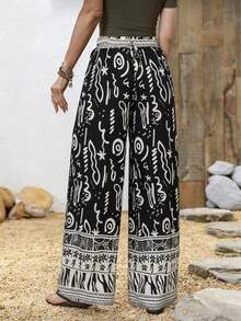Pantalones exóticos con grafiti, pantalones de cinturón alto con cordón y pierna ancha, ropa de viaje para fotos - Negro - Ver 2