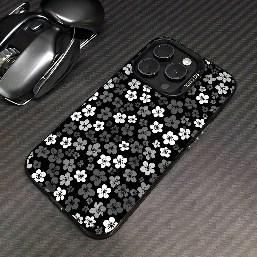 Diseño repetido con patrón floral en blanco y negro.funda de teléfono Fundas compatibles con ,Apple,VIVO,OPPO,,, y Honor.Fabricadas en silicona TPU,ofrecen protección contra golpes y caídas. - Negro - Ver 1