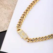 6mm Stainless Steel Necklace For Men, 14K Gold Plated Cuban Link Chain With Zirconia Stone, Titanium Steel Clasp, Holiday Gift - Style 1 - View 2