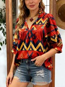 Vestido casual de vacaciones para mujer: Estampado geométrico con volante en el bajo, mangas farol, escote en V, corte holgado para verano - Rojo - Ver 10
