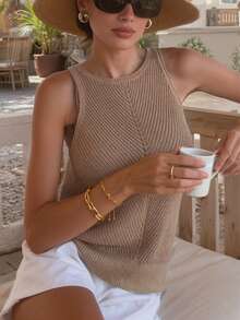 FOR BEAUTY Summer Women's Brown Crew Neck Sleeveless Knit Tank Top, Slim-Fit Spaghetti Strap Top, Perfect For Casual Everyday Wear And Beach Vacations, Women's Summer Clothing, Casual Outfits, Holiday Attire - Brown - View 1