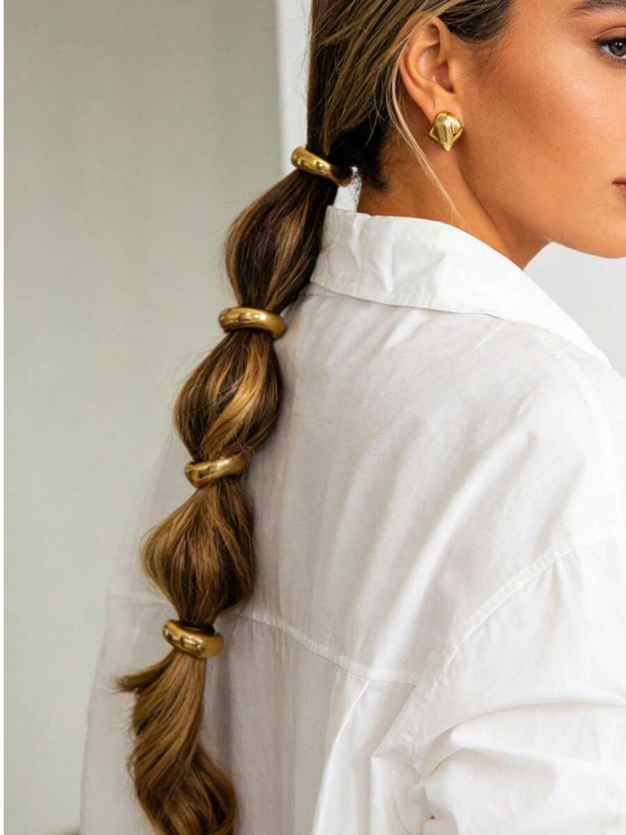 4-Piece Set Of Gold Elegant Women's Metal Hair Rings, Punk Style Street Hiphop Hair Accessories, Simple Daily Back Ponytail Hair Rings - Gold 4pcs - View 1