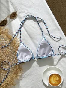 女士条纹比基尼上衣，夏季海滩度假装 - 藍黑色 - 查看 4