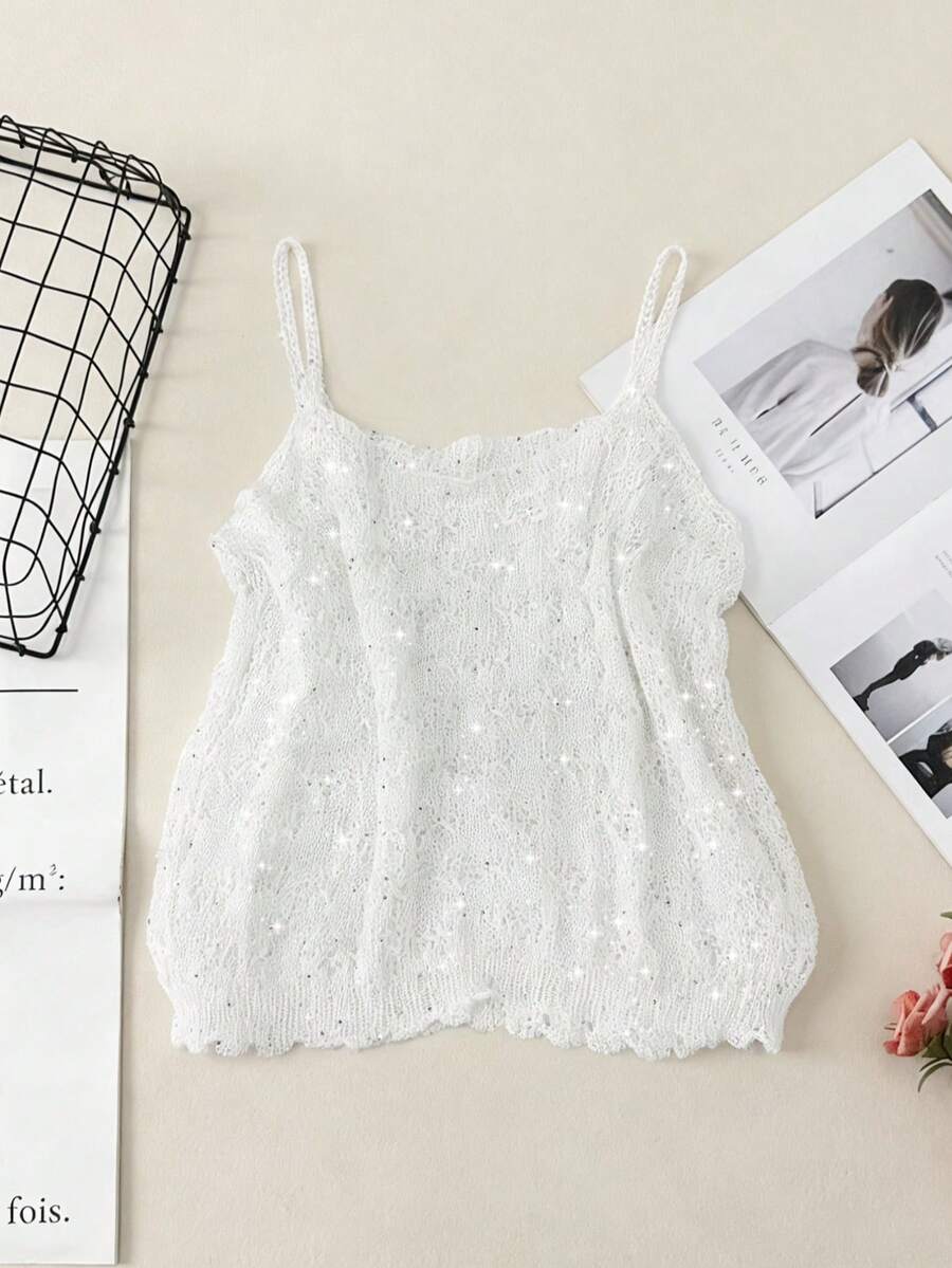 女士夏季亮片镂空针织吊带背心，白色宽松无袖背心，适合叠穿 - 白色 - 查看 1