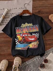 Camisetas con estampado de Rayo McQueen de Disney Pixar Cars 95 para niñas - Diseño de ropa infantil de estilo corto, cómodo y casual, adecuado para fiestas y juegos, lavable a máquina, regalo de ropa infantil, camisas de manga corta para niñas - Negro - Ver 2