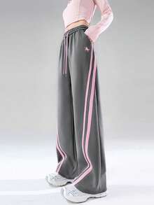 JUTU Spring & Autumn Ash Gray & Pink Women's Commuting & Outdoor Retro High-Waisted Wide-Leg Casual Pants With Drawstring And Printed Design - 1A71 Ash Mix - 1182 Powder - View 5