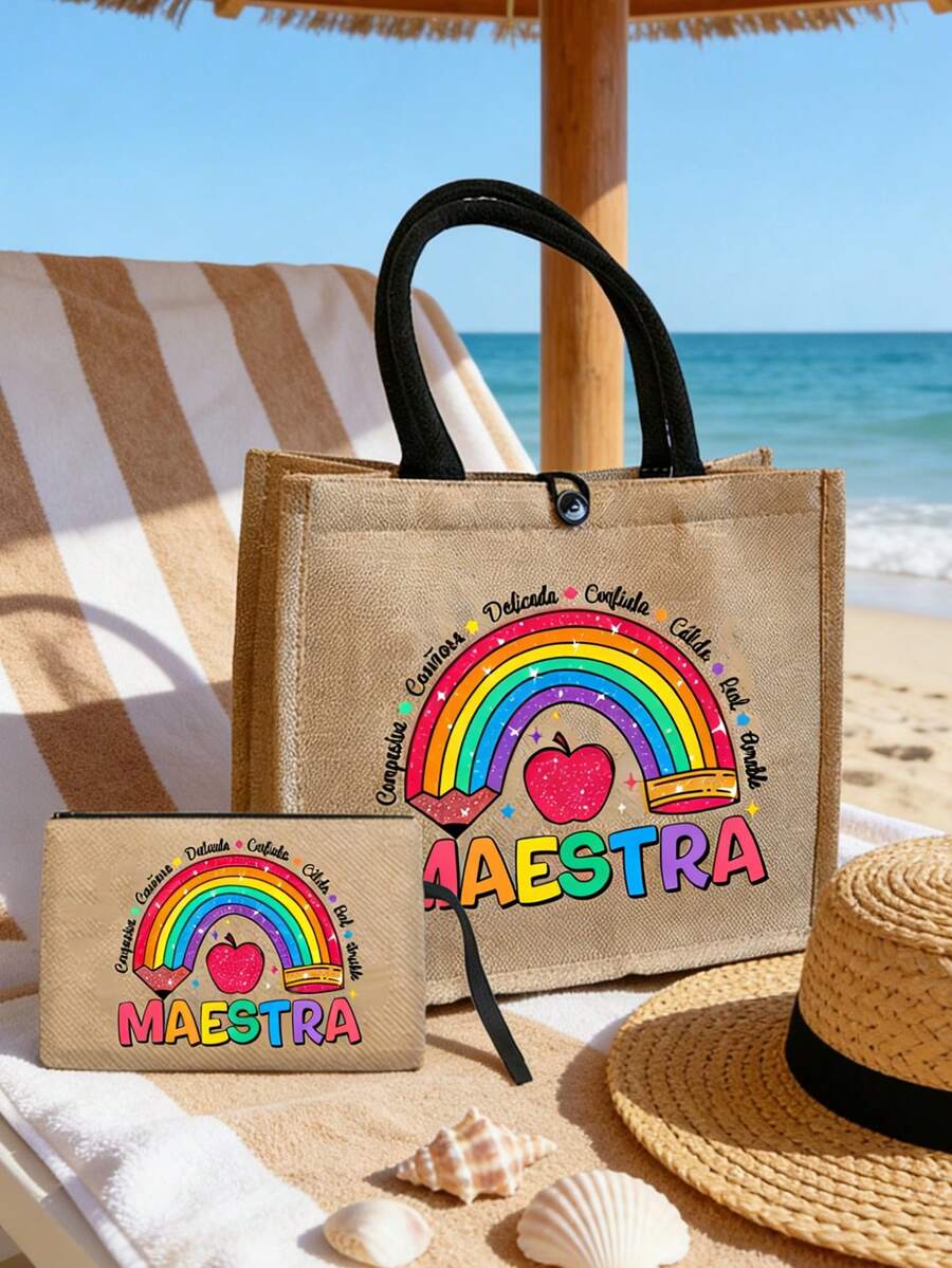 教师节礼物套装：1. 大容量亚麻手提袋；2. 彩虹爱心字母格纹透明化妆包；3. 拉链印花化妆包；4. 卡其色撞色购物袋。用途广泛，容量大，非常适合存放化妆品、护肤品，也适合旅行和宿舍使用。送给朋友、妈妈、老师的绝佳礼物。 - 彩色 - 查看 1