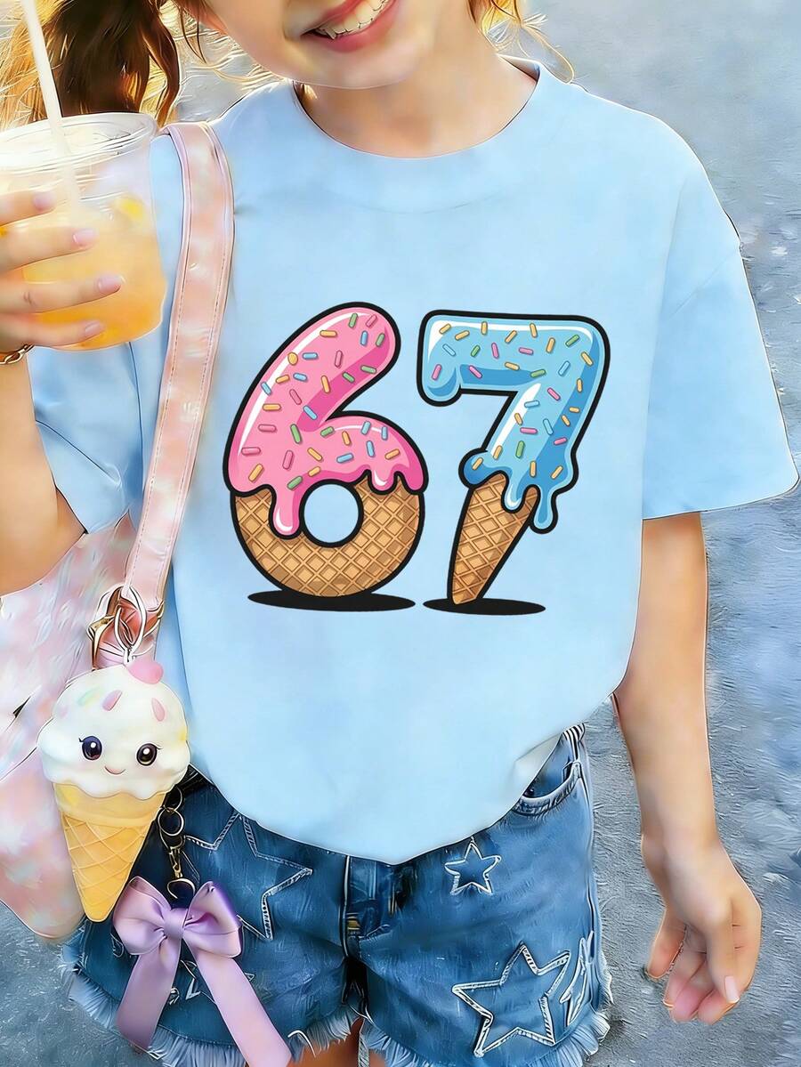 T-shirt imprimé << 67 » motif glace pour préadolescentes, en tissu doux et confortable, haut d'été à la mode, idéal au quotidien, pour un look streetwear ou pour l'école. - Bleu ciel - Voir 1