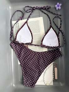 Swim Mod 2026 Spring/Summer Women's Spaghetti Strap Halter Neck Black Base White Polka Random Print Sweet Cute Side High Cut Bikini Swimsuit 2-Piece Set - 多色 2 - 查看 10