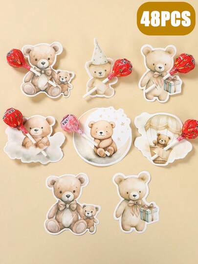 48pcs Brown Teddy Bear Lollipop Decorative Cards, Baby Shower Lollipop Gift Packaging Supplies, Candy Labels Stickers, Baby Shower Decorations, Gender Reveal Decorations, Teddy Bear Birthday Party Supplies, Bridal Shower Party Decorations, Teddy Bear Theme Party Decorations, Baby Shower Gift Bags, Party Favors