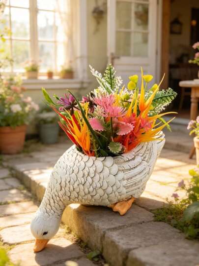 树脂鸭子花盆：充满奇趣的室内外花园及庭院装饰。这款手工彩绘的白色鸭子花盆，羽毛纹理栩栩如生，为您的门廊、阳台或厨房窗台增添了一抹俏皮质朴的气息。它非常适合种植多肉植物、仿真花卉或小型绿植，是一件魅力十足的装饰品，能够提升任何空间的格调——是春季装饰、农舍风格的理想之选，也是送给植物爱好者的独特礼物。
