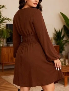 Vestido mini para mujer, elegante, de manga larga, con escote en V, liso, corte A, para otoño, informal, diario. - Marrón - Ver 5