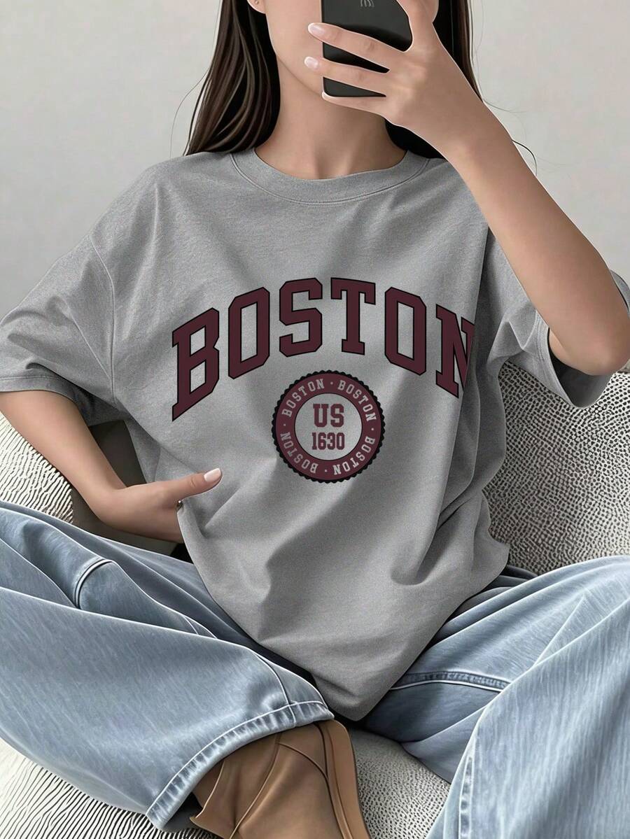 Teens "BOSTON" Letter Print Loose Fit Short Sleeve T-Shirt, Suitable For Student Daily Wear, Great Choice For Spring/Summer - Grey - View 1