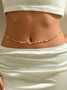 1pc Summer Vacation Ocean Starfish Decor Waist Chain, Handmade Glass Seed Bead Body Chain, Fashionable Charm Jewelry Women Everyday Wear, Beach Party, Date, Music Festival. Seed Bead Color Is Random - Gold - 查看 2