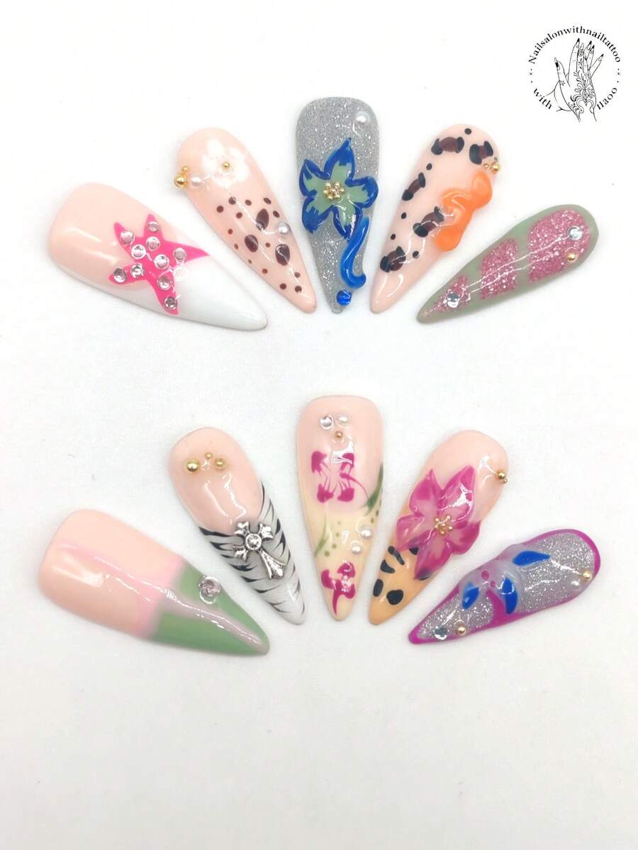 10片纯手工压制美甲贴片，33毫米长，高跟鞋造型，粉色、白色、绿色可选，立体凸起花朵，手绘粉色五角星菱形图案，手绘黑色线条，紫色花朵，波点。可爱尖头美甲，春日美甲。手工按压式美甲贴片 - 彩色 - 查看 1