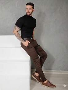 Men's Smart Casual Trousers In Premium Satin Fabric With Tailored Detail And Welt Pockets - 鏽棕色 - 查看 6