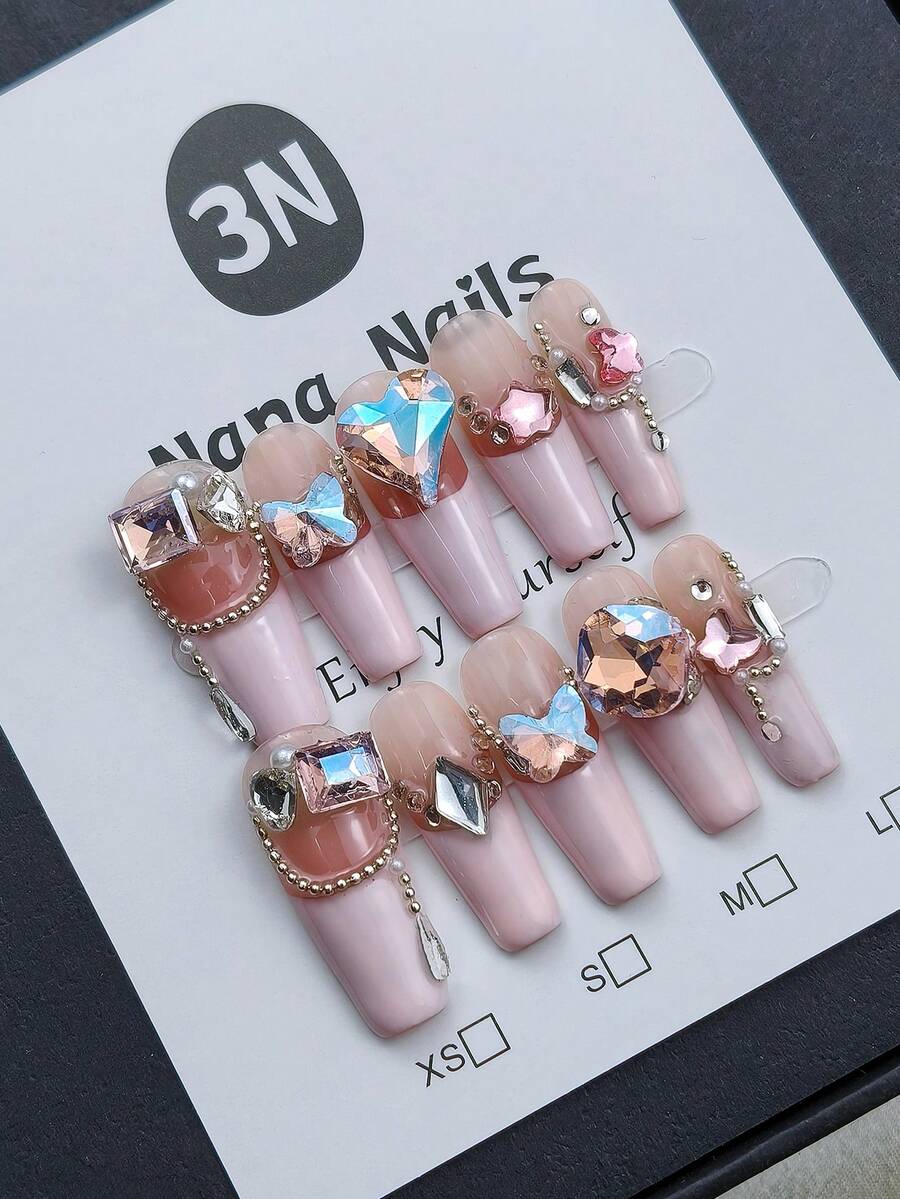 1package/10pcs-Chic Nude Pink Gradient | Chain Detail & Sparkle Crystal Wearable Art Handmade Press On Nails - Pink - View 1