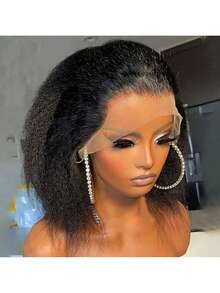 8-16 Inch Kinky Straight Lace Front Wigs Human Blended Hair Yaki Stairght 13x4 Transparent Lace Frontal Kinkystraight Wigs With Curly Edges Hairline Pre-Plucked 180% Density(Blended Wigs-A Mix Of Human Blended Hair And Synthetic)Wigs Human Blended Hair/Women's Human Blended Hair Wig/Human Blended Hair Lace Front Wigs/Wigs Glueless/Bleached Knots/Pre Plucked/Lace Wig/Upgrade Your Look/Confidence Boost/Perfect Gift - SNatural - View 4