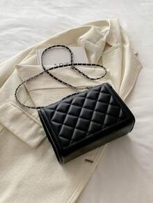 1pc Fashionable Solid Color Embossed Flap Chain Mini Shoulder Bag For Women - Black - View 8