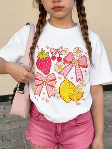 Camiseta de cuello redondo con estampado de limón, fresa y lazo para adolescentes, top casual suave para primavera/verano - Blanco - Ver 9