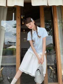 2-In-1 Polo Collar Short Sleeve Striped Patchwork Cropped Shirt For Women, Summer - Blue - View 6