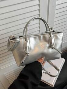 1个粉色绗缝拉链PU纯色保龄球包，大容量手提包，新款时尚复古风单肩包，适合女性日常使用，秋冬季 - 銀色 - 查看 6