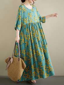 加大码绿色碎花长裙，A字裙，圆领蝙蝠袖设计，舒适百搭，适合日常穿着。2026夏季长裙，波西米亚休闲度假沙滩裙，加大码热带印花A字长裙，短蝙蝠袖，圆领，带口袋。蓝色碎花女士长裙，优雅 - 綠色 - 查看 1