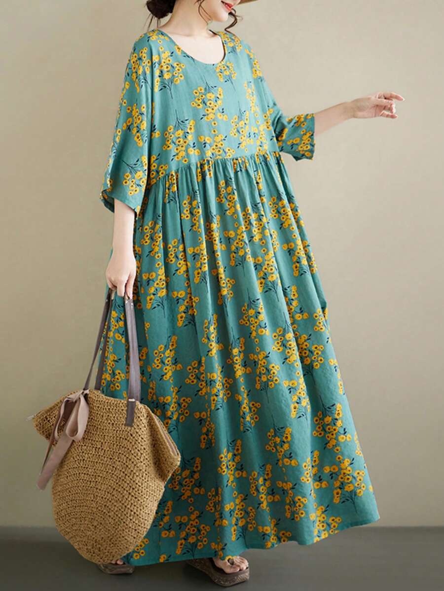 加大码绿色碎花长裙，A字裙，圆领蝙蝠袖设计，舒适百搭，适合日常穿着。2026夏季长裙，波西米亚休闲度假沙滩裙，加大码热带印花A字长裙，短蝙蝠袖，圆领，带口袋。蓝色碎花女士长裙，优雅 - 綠色 - 查看 1